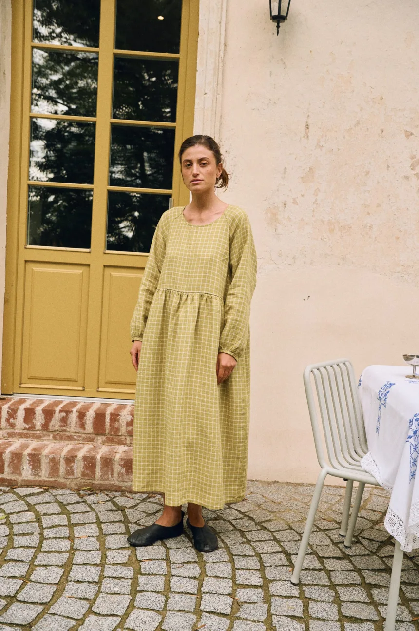 Pickle checks linen maxi dress with long sleeves and gathered waist seam