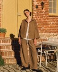 Cacao oversized linen shirt with shell buttons styled with matching high-waisted trousers