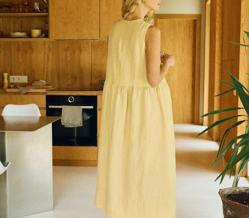 Butter yellow linen sleeveless dress back view with discreet zipper