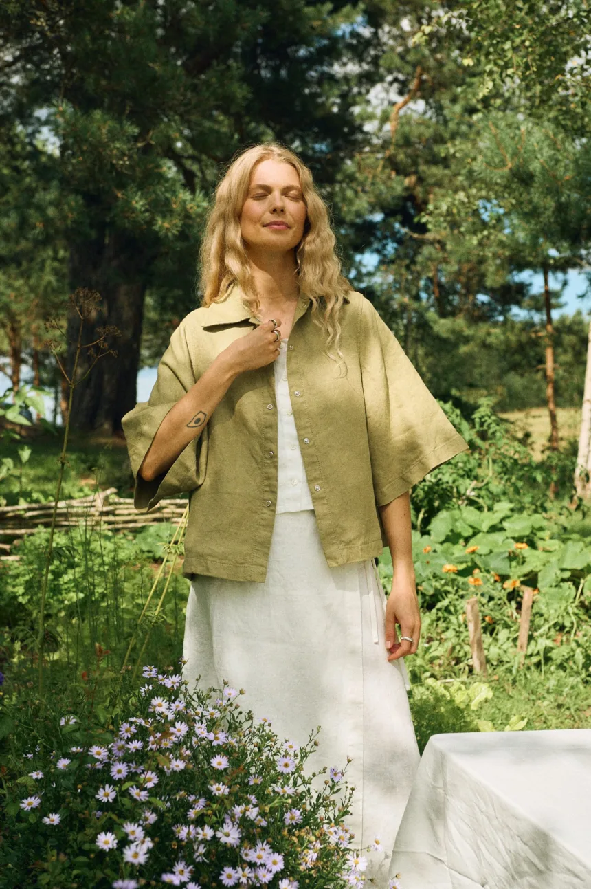 Olive heavy linen jacket with milky white linen top and wrap maxi skirt