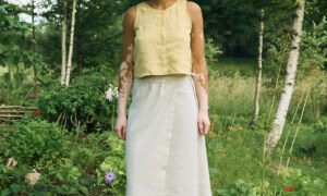 Butter linen cropped top paired with the natural cotton-linen long wrap skirt