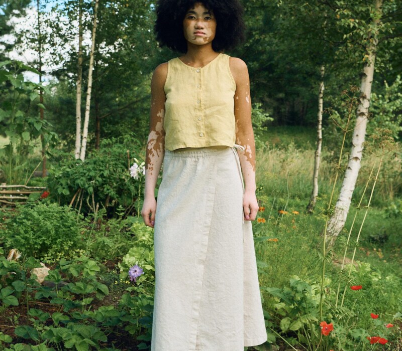 Butter linen cropped top paired with the natural cotton-linen long wrap skirt