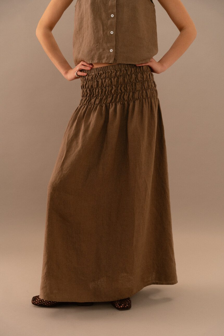 Cacao linen maxi skirt with wide smocked elastic waistband and relaxed flowing silhouette
