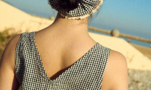 Black mini gingham linen scrunchie with soft gathers and delicate lace trim