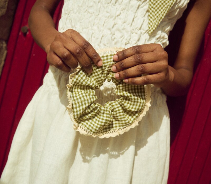 Moss green mini gingham linen scrunchie with full shape and fine lace edging