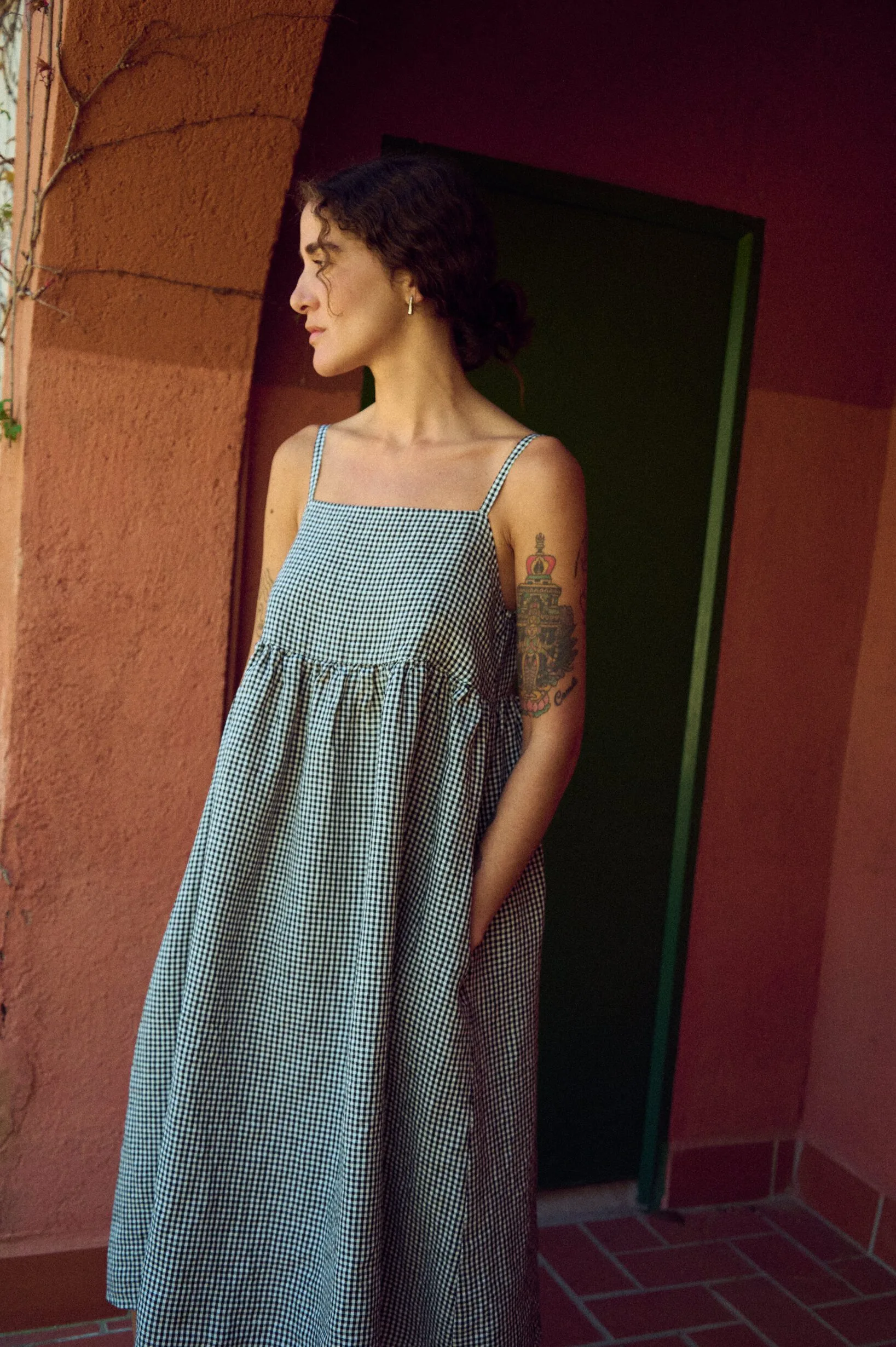 Gingham Pinafore Dress – Midi with Straps and Pockets