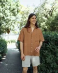 men's short sleeve linen shirt in mocha mousse