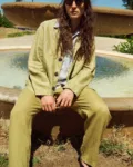 Men’s olive heavy linen jacket with a relaxed blazer-inspired silhouette, notched lapels, three-button front and roomy patch pockets, styled with matching olive linen trousers and a light grey linen shirt underneath