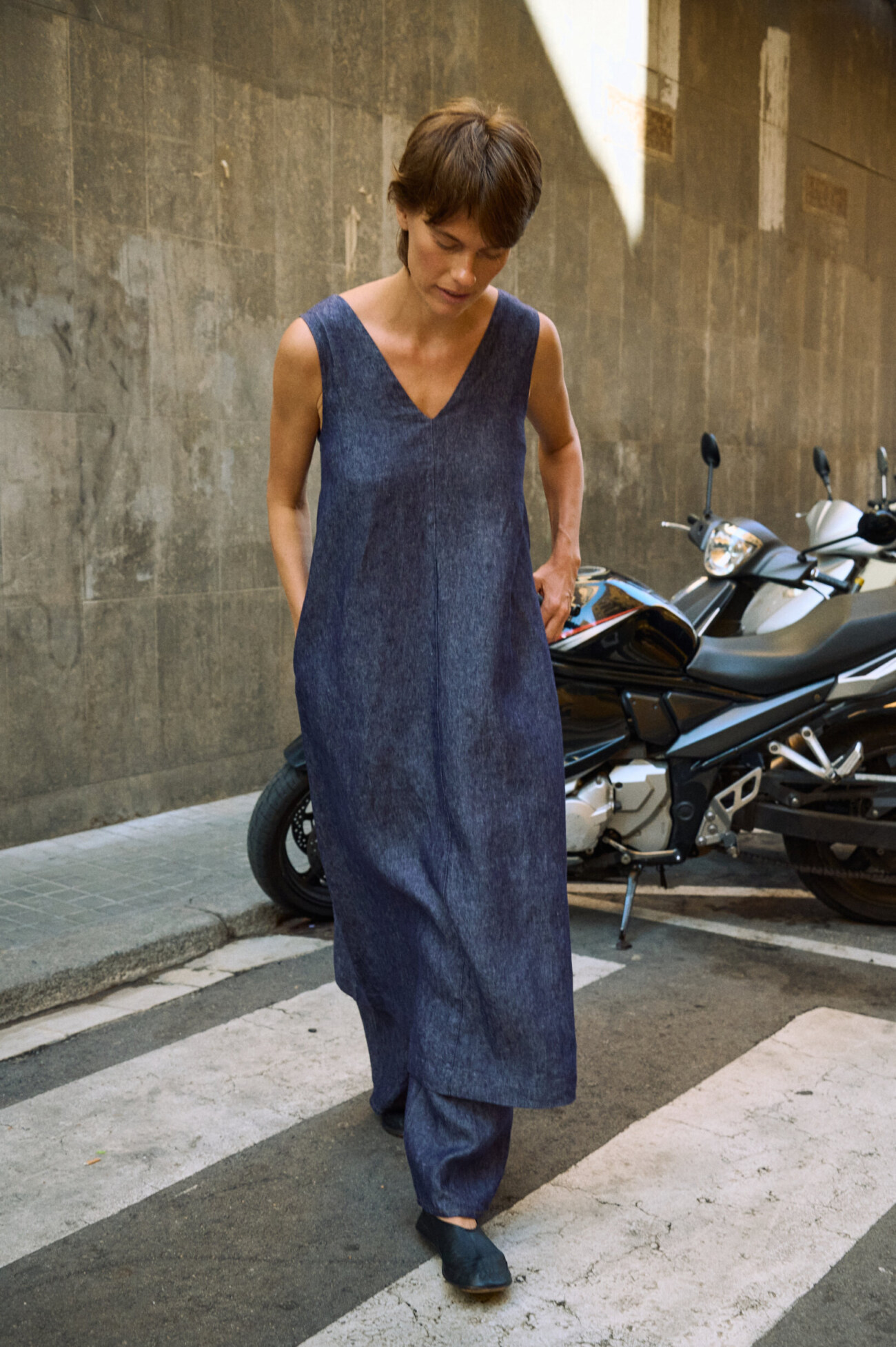 Blue denim linen sleeveless maxi dress with V-neck and relaxed silhouette
