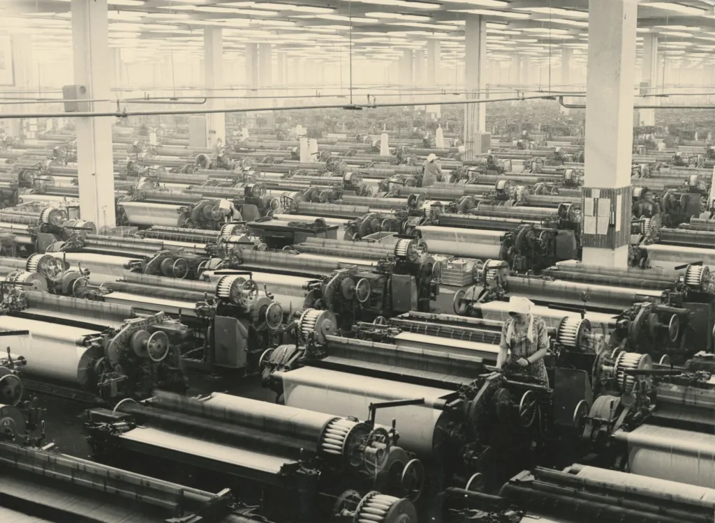 Historic weaving machines in a Lithuanian linen factory