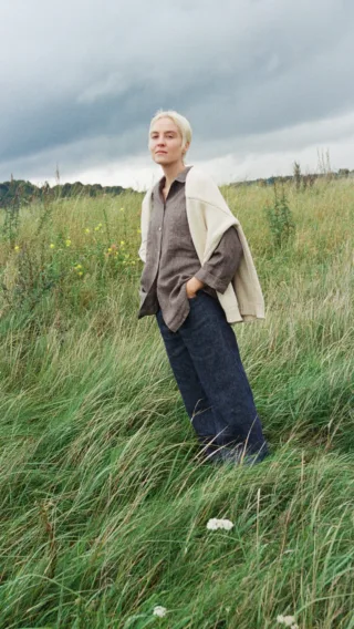blue denim and brown stripes, all in linen.